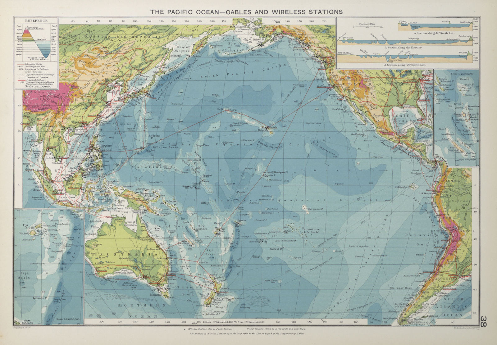 Pacific Ocean. Cables & Wireless Stations. Shipping routes 1927 old map